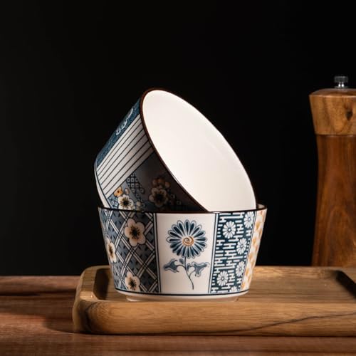 OLWICK Japanese Style Ceramic Snack Bowls-400ml, Handcrafted Floral & Geometric Patterns, Set of 4, (Random) - Image 4