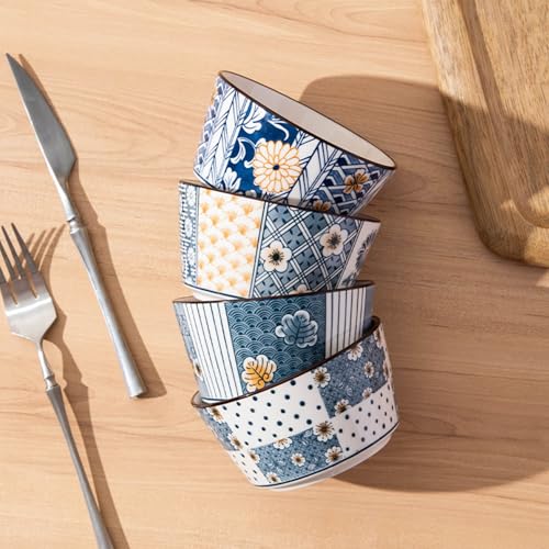 OLWICK Japanese Style Ceramic Snack Bowls-400ml, Handcrafted Floral & Geometric Patterns, Set of 4, (Random) - Image 5