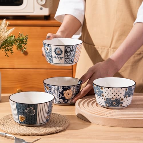OLWICK Japanese Style Ceramic Snack Bowls-400ml, Handcrafted Floral & Geometric Patterns, Set of 4, (Random) - Image 2