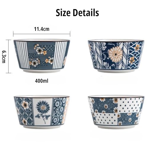 OLWICK Japanese Style Ceramic Snack Bowls-400ml, Handcrafted Floral & Geometric Patterns, Set of 4, (Random) - Image 3