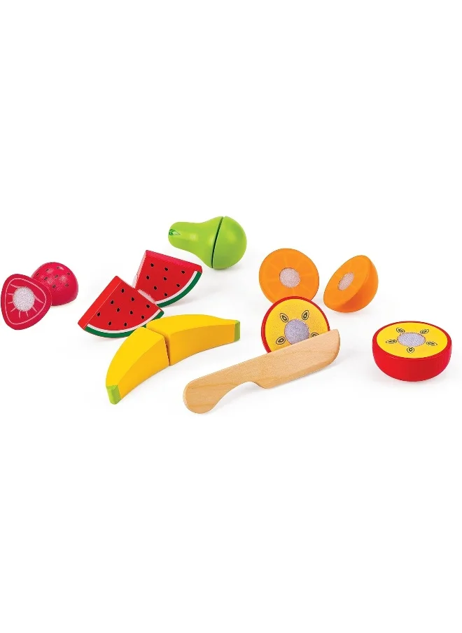 هيب Hape Farm Shop Fruit Playset, 7 pcs Wooden Slicing Fruit Set | Peach, Pear, Orange, Apple, Banana, Watermelon | Educational Pretend Play Toy for Kids 3+ | Crunching Sound | Pretend Playset