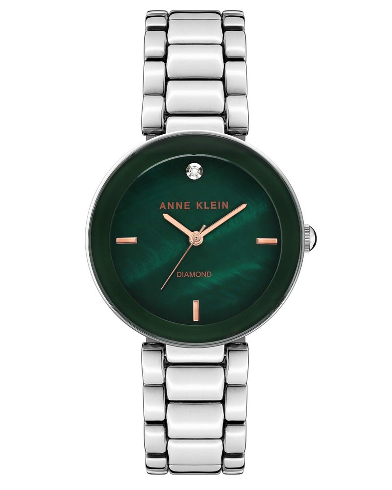ANNE KLEIN ساعة آن كلاين النسائية بسوار من الألماس الأصلي باللون الفضي/الأخضر - Image 1