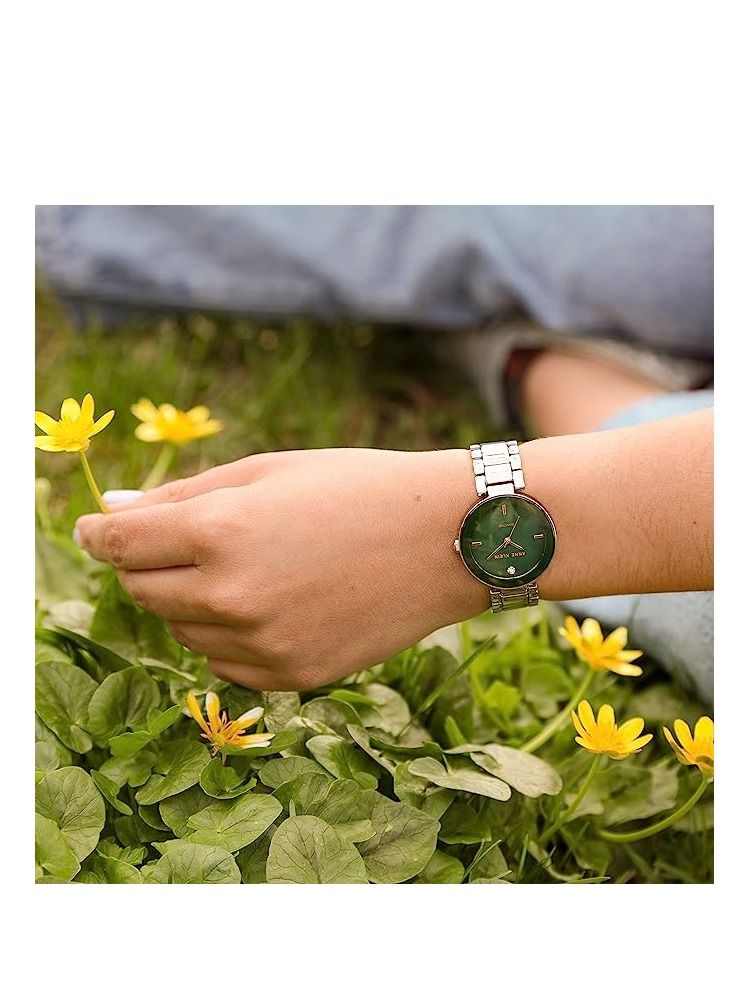 ANNE KLEIN ساعة آن كلاين النسائية بسوار من الألماس الأصلي باللون الفضي/الأخضر - Image 4