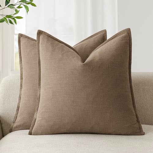 Foindtower Pack of 2 Decorative Linen Soild Throw Pillow Covers Soft Accent Cushion Case Boho Farmhouse Neutral Pillowcase for Chair Couch Sofa Bedroom Living Room Home Decor 18 x 18 Inch Light Brown