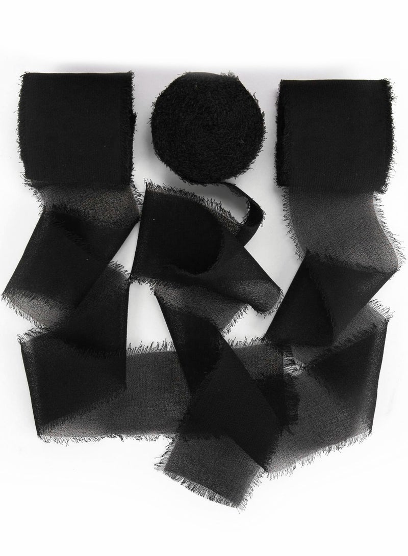 Handmade Fringe Chiffon Silk Ribbon 3 Rolls 38mm x 5Yd(4.5m) Black Ribbons Set for Wedding Invitations, Bridal Bouquets, Gifts Wrapping, DIY Crafts