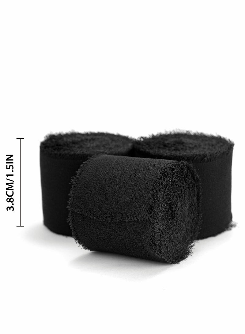 Handmade Fringe Chiffon Silk Ribbon 3 Rolls 38mm x 5Yd(4.5m) Black Ribbons Set for Wedding Invitations, Bridal Bouquets, Gifts Wrapping, DIY Crafts