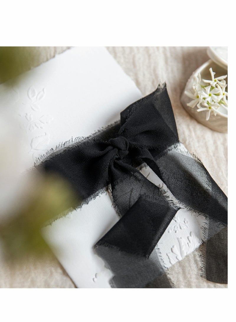 Handmade Fringe Chiffon Silk Ribbon 3 Rolls 38mm x 5Yd(4.5m) Black Ribbons Set for Wedding Invitations, Bridal Bouquets, Gifts Wrapping, DIY Crafts