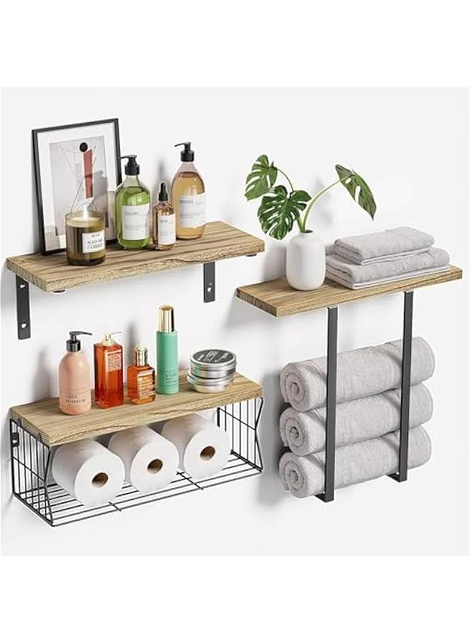 HOOKOR Floating Shelves Wall Mounted Over Toilet,Bathroom Shelf with Towel Rack Paper Holder Storage - Rustic Wood Farmhouse Shelves for Wall Decor/Bathroom (Brown)  - Image 1