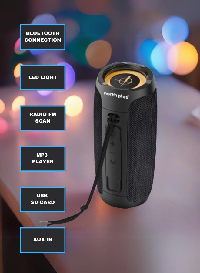 North Plus SoundWave34 Bluetooth Speaker, 40W Stereo Sound, TWS Pairing, IP65 Water Resistant, Long Range, FM Radio, USB/Micro SD Playback, LED Indicators, Portuguese Design - Image 5