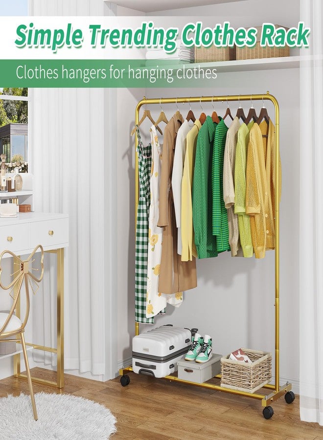 Simple Trending Standard Clothes Clothing Garment Rack with Storage Shelves, Rolling Clothes Organizer on Wheels for Hanging Clothes, Gold - Image 4