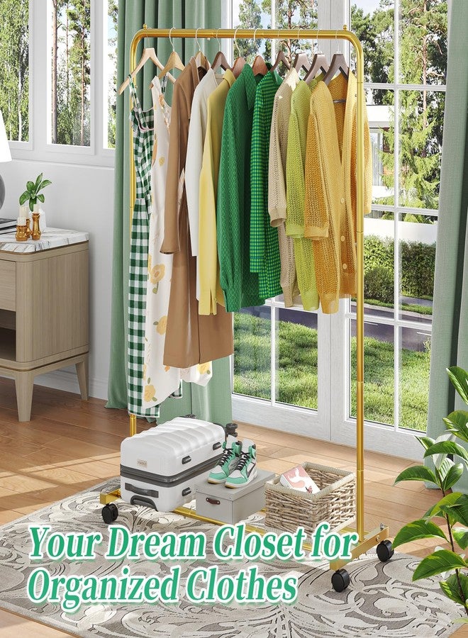 Simple Trending Standard Clothes Clothing Garment Rack with Storage Shelves, Rolling Clothes Organizer on Wheels for Hanging Clothes, Gold - Image 2
