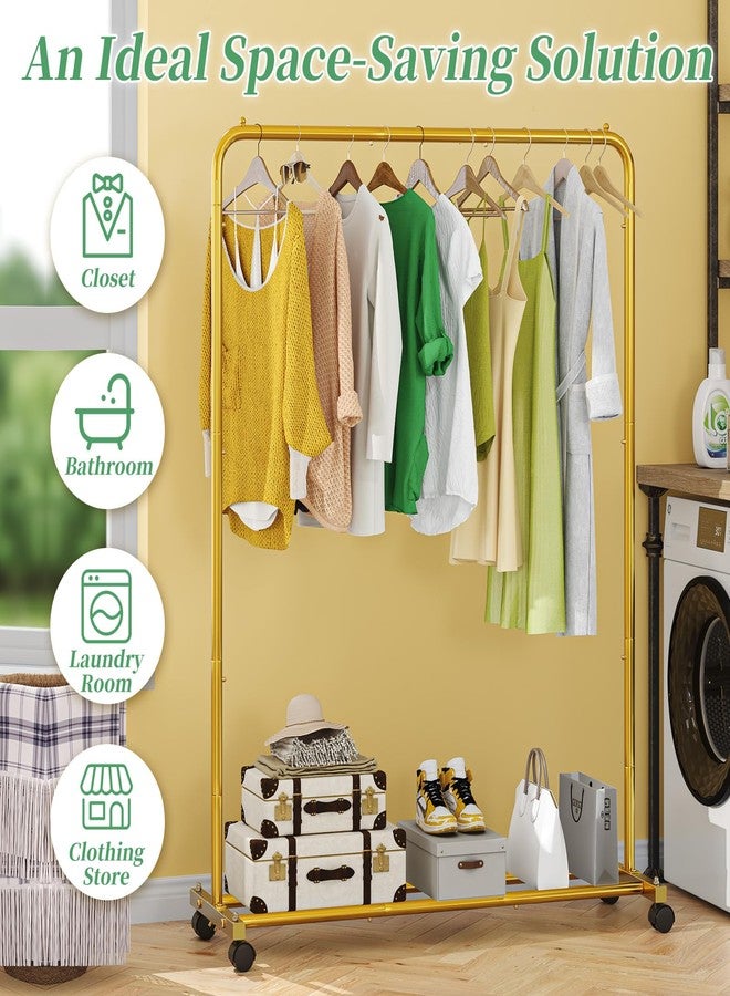 Simple Trending Standard Clothes Clothing Garment Rack with Storage Shelves, Rolling Clothes Organizer on Wheels for Hanging Clothes, Gold - Image 3