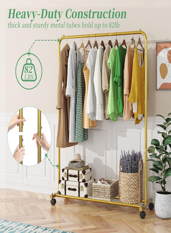 Simple Trending Standard Clothes Clothing Garment Rack with Storage Shelves, Rolling Clothes Organizer on Wheels for Hanging Clothes, Gold - Image 5
