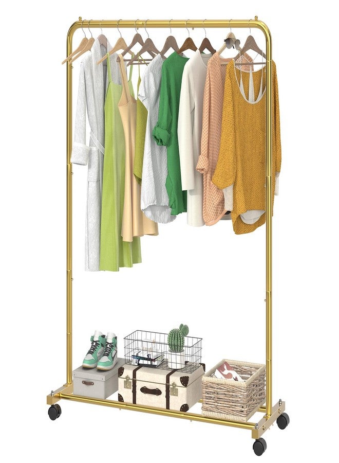 Simple Trending Standard Clothes Clothing Garment Rack with Storage Shelves, Rolling Clothes Organizer on Wheels for Hanging Clothes, Gold - Image 1