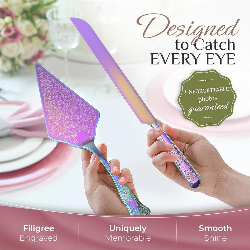 Orblue Wedding Cake Knife and Server Set - Premium, Beautifully Engraved Cutting Set - Elegant Keepsake for Newlyweds Multicolored - Image 2
