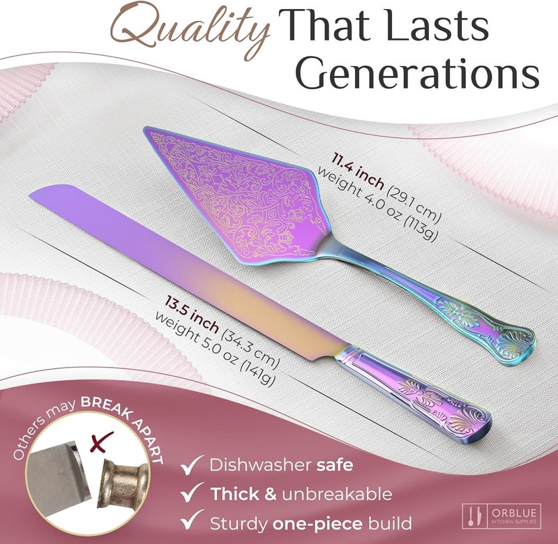 Orblue Wedding Cake Knife and Server Set - Premium, Beautifully Engraved Cutting Set - Elegant Keepsake for Newlyweds Multicolored - Image 3