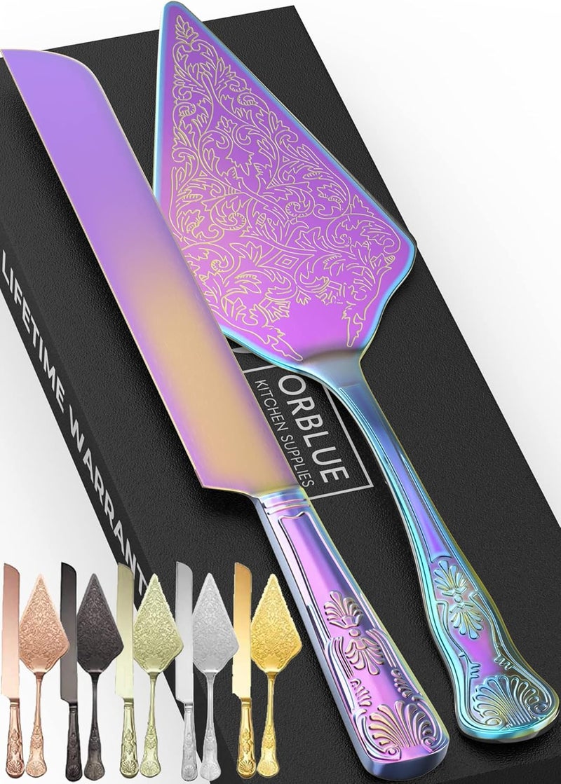 Orblue Wedding Cake Knife and Server Set - Premium, Beautifully Engraved Cutting Set - Elegant Keepsake for Newlyweds Multicolored - Image 1