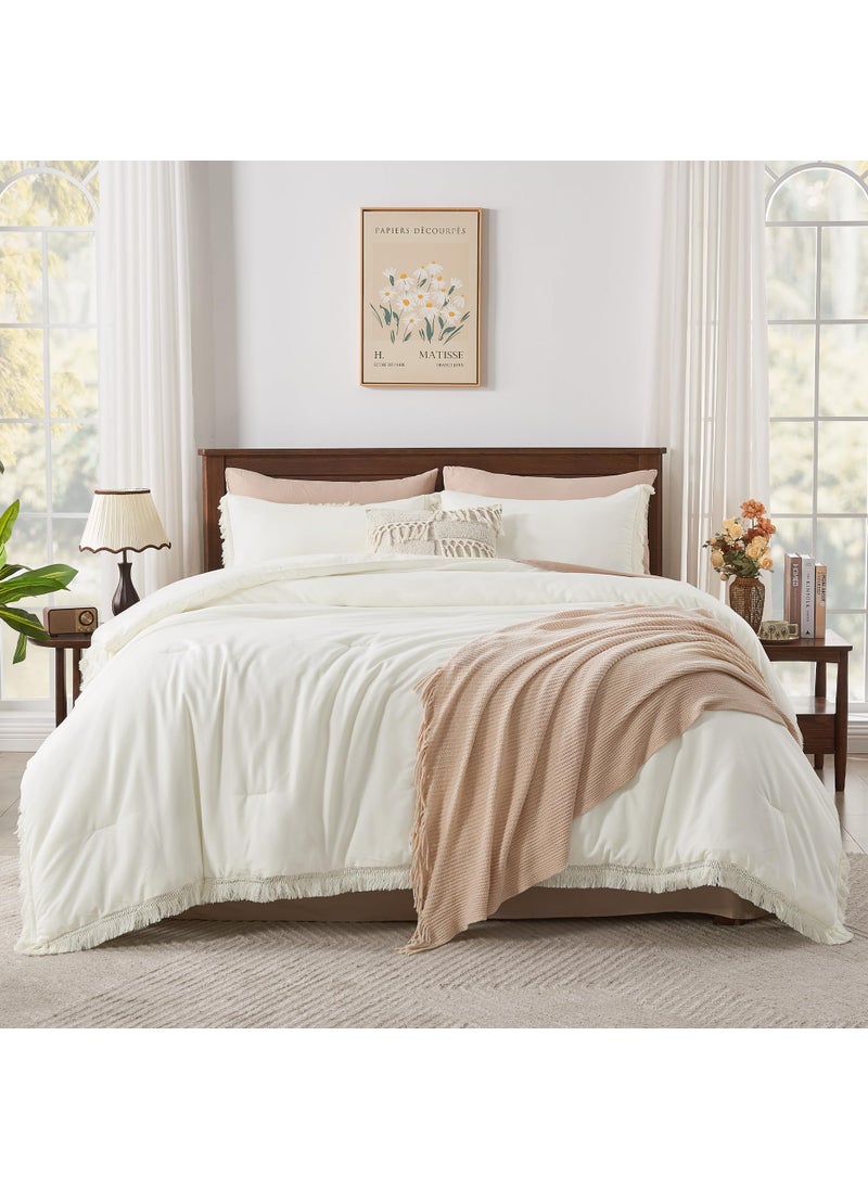 Andency Andency King Size Comforter Set Ivory  3 Pieces Boho Ivory Soft Lightweight Bedding Comforter Sets  Ivory Tassel All Season Bed Set (104x90In Comforter & 2 Pillowcases)  - Image 2