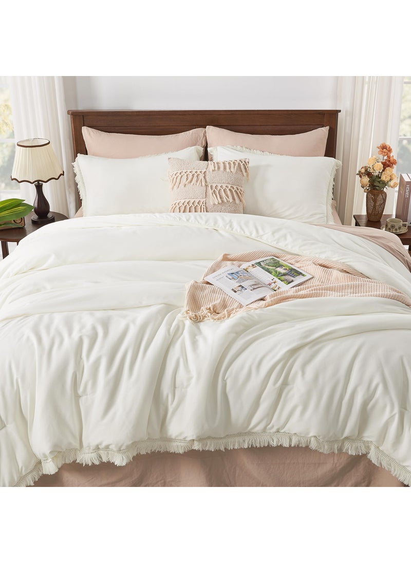 Andency Andency King Size Comforter Set Ivory  3 Pieces Boho Ivory Soft Lightweight Bedding Comforter Sets  Ivory Tassel All Season Bed Set (104x90In Comforter & 2 Pillowcases)  - Image 1