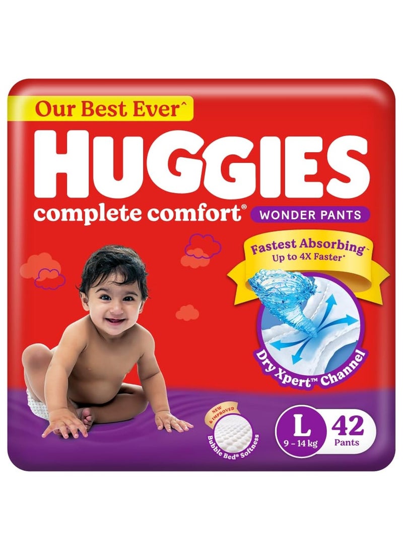 هجيز حفاضات هجيز كومبليت كومفورت وندر بانتس | حفاضات أطفال بتصميم بانت، مقاس كبير، ٤٢ حفاضة | أسرع حفاضات امتصاص في الهند، بتقنية دراي إكسبيرت تشانيل الحاصلة على براءة اختراع، مثالية للأطفال بوزن من ٩ إلى ١٤ كجم