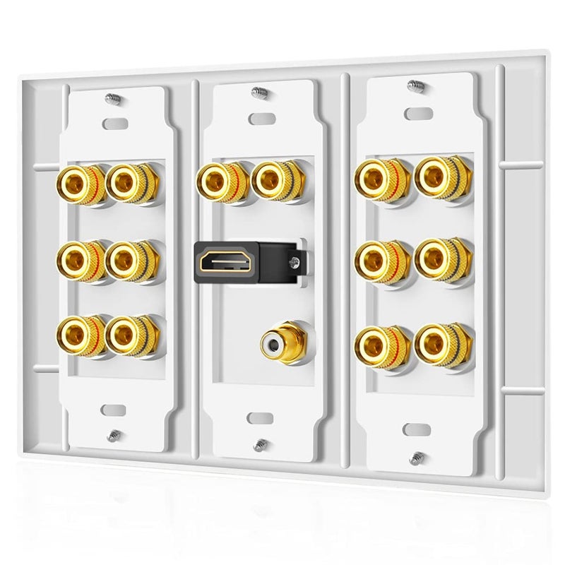 TNP Products TNP Home Theater Speaker Wall Plate Outlet - 7.1 Surround Sound Audio Distribution Panel, Gold Plated Copper Banana Plug Binding Coupler, RCA LFE Jack for Subwoofer, HDMI 4K ARC/eARC Full HD (3-Gang) - Image 4