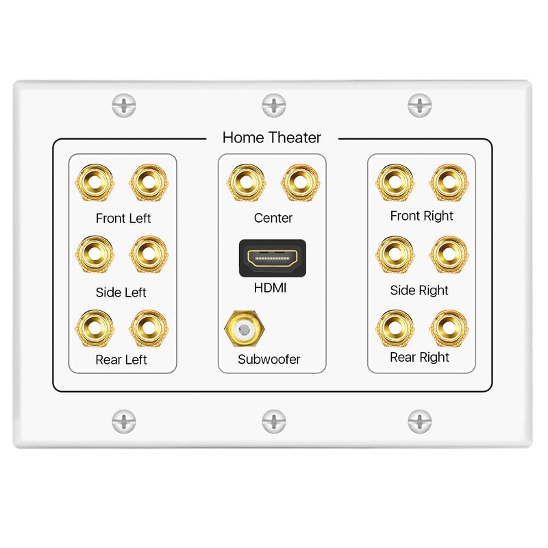 TNP Products TNP Home Theater Speaker Wall Plate Outlet - 7.1 Surround Sound Audio Distribution Panel, Gold Plated Copper Banana Plug Binding Coupler, RCA LFE Jack for Subwoofer, HDMI 4K ARC/eARC Full HD (3-Gang) - Image 2
