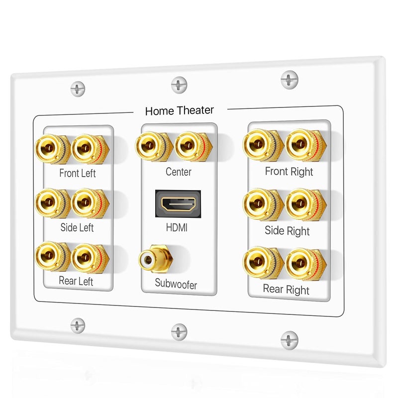 TNP Products TNP Home Theater Speaker Wall Plate Outlet - 7.1 Surround Sound Audio Distribution Panel, Gold Plated Copper Banana Plug Binding Coupler, RCA LFE Jack for Subwoofer, HDMI 4K ARC/eARC Full HD (3-Gang) - Image 1