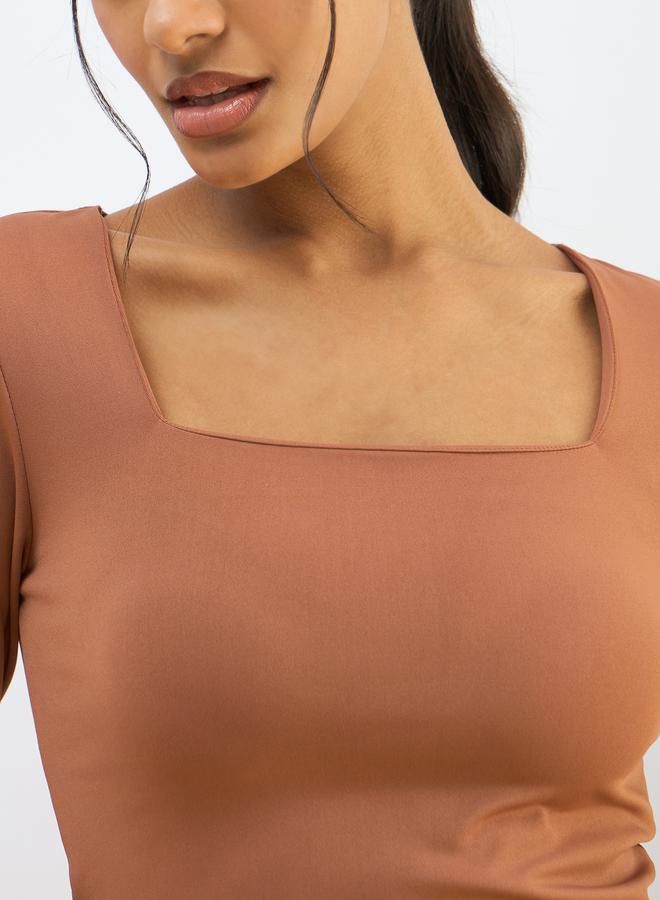 ساسافراس بلوزة قصيرة محبوكة بياقة مربعة بلون برتقالي من ساسافراس - Image 4