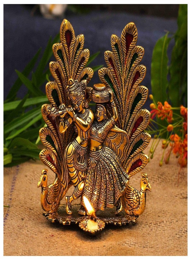NOBILITY Radha Krishna Idol Statue with Diya Metal Gold Plated Peacock Design Hindu Religious Radha Krishan Showpiece Figurine for Janmashtami Home Temple Pooja Decorative Wedding Return Gift Items - Image 1