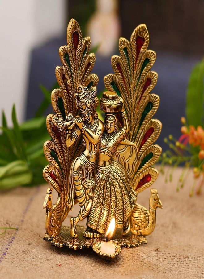 NOBILITY Radha Krishna Idol Statue with Diya Metal Gold Plated Peacock Design Hindu Religious Radha Krishan Showpiece Figurine for Janmashtami Home Temple Pooja Decorative Wedding Return Gift Items - Image 3