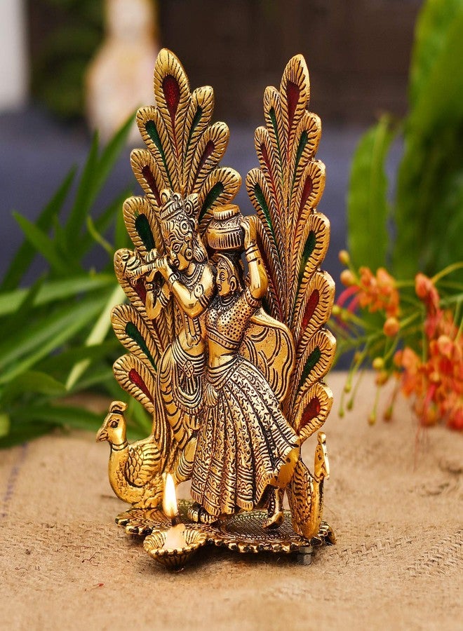 NOBILITY Radha Krishna Idol Statue with Diya Metal Gold Plated Peacock Design Hindu Religious Radha Krishan Showpiece Figurine for Janmashtami Home Temple Pooja Decorative Wedding Return Gift Items - Image 2