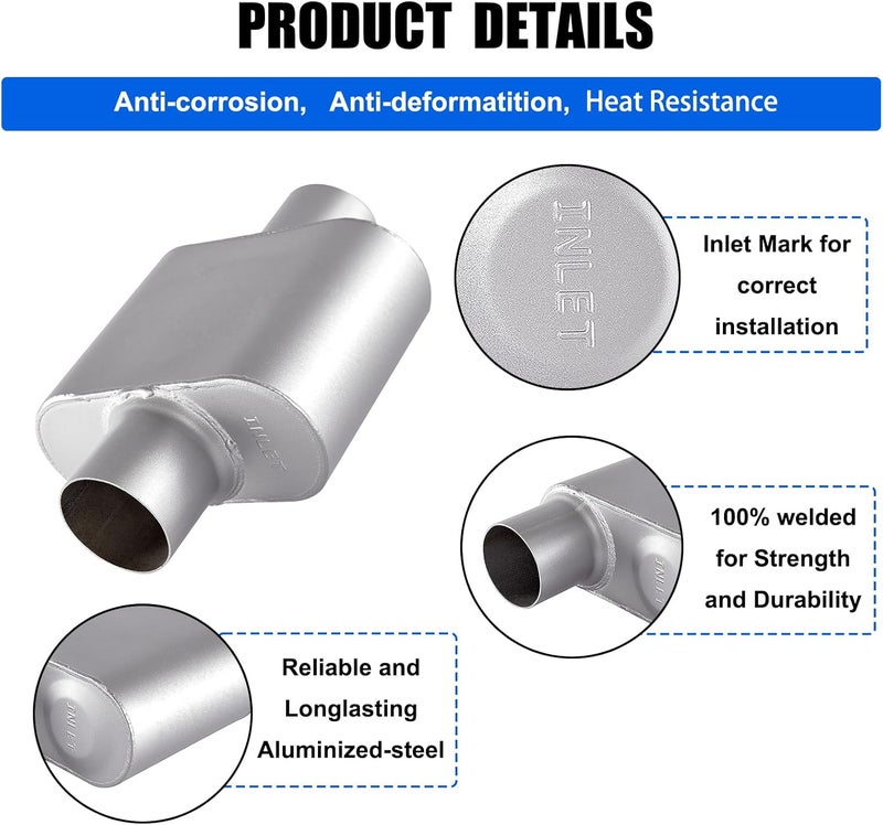 Floshine Universal Mufflers, Performance Automotive Exhaust Muffler, Single Chamber center in/center out, silver (2.25") - Image 3