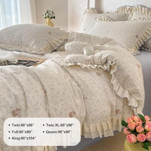 AMZTOP Blue Beige Floral Rabbit Duvet Cover Queen Size with 2 Pillowcases,100 Cotton Muslin Gauze Bed Set for Baby Kids,Lightweight Breathable Lace Ruffle Duvet Covers Teen Girls Queen 90"×90" - Image 3