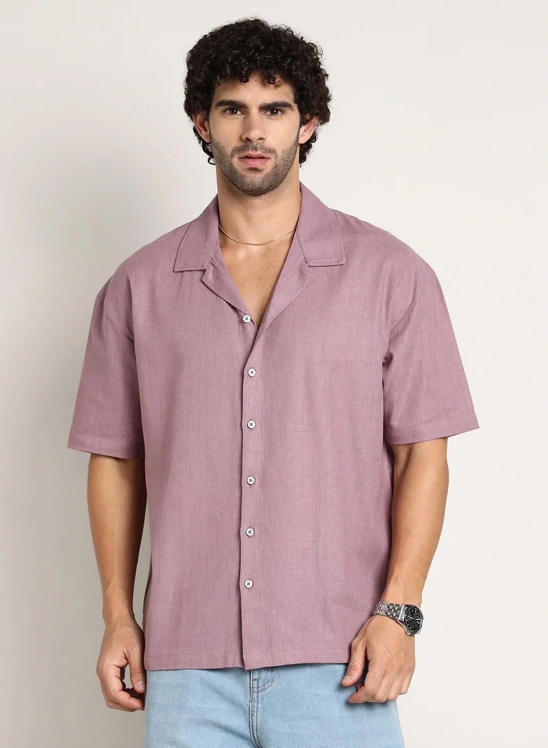 كامبوس سوترا قميص رجالي وردي مقاس كبير كاجوال بياقة كوبية وأكمام قصيرة