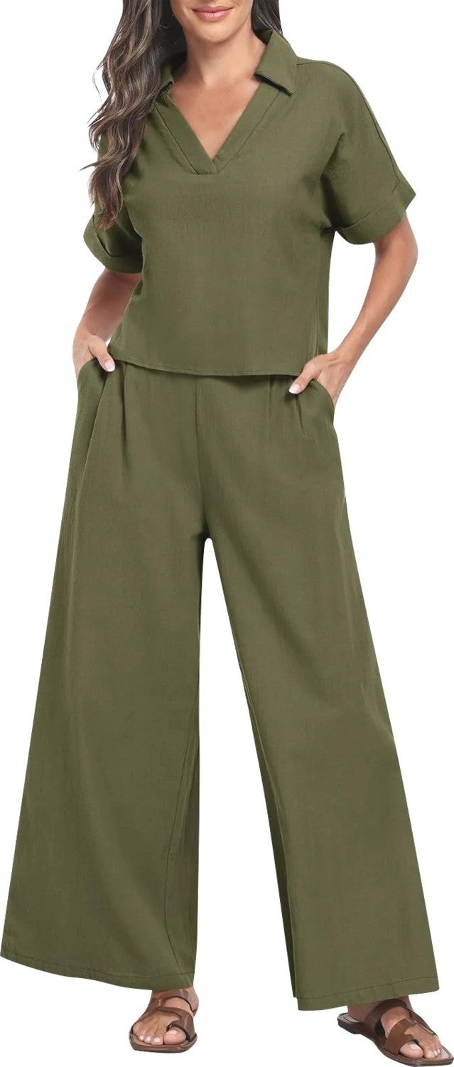 Barbora Elegant Women's T-Shirt and Long Pants Top and Bottom Two Piece Set V Neck Short Sleeve Casual Casual Dress LN27HAKI  - Image 1