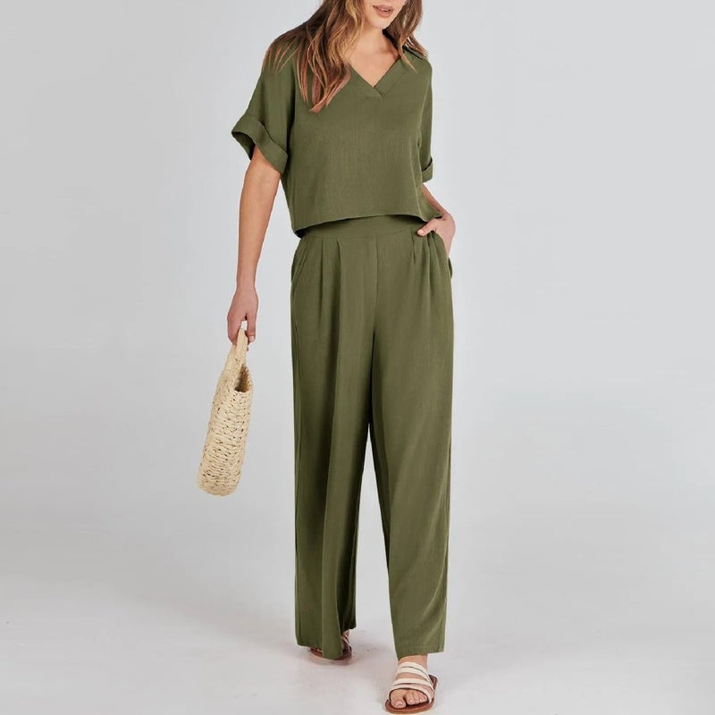 Barbora Elegant Women's T-Shirt and Long Pants Top and Bottom Two Piece Set V Neck Short Sleeve Casual Casual Dress LN27HAKI  - Image 5