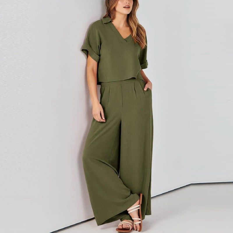 Barbora Elegant Women's T-Shirt and Long Pants Top and Bottom Two Piece Set V Neck Short Sleeve Casual Casual Dress LN27HAKI  - Image 4