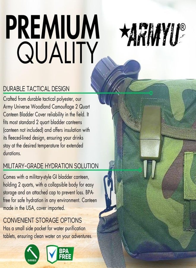 Army Universe Woodland Camouflage 2 Quart Canteen Bladder Cover with Bladder Canteen & Strap - Military Style Tactical Hydration Water Bottle & Carrier - Image 2