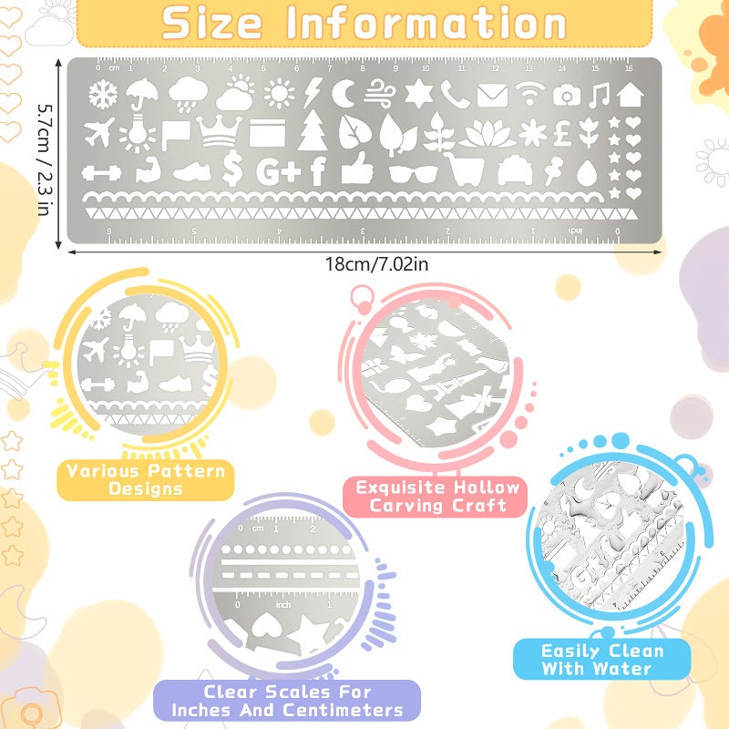 Chinco 4 Pieces Stencils Metal Journal Template 7.1 x 2.3 Inch Bookmark Ruler School Supplies Stainless Steel Stencils Set for DIY, Engraving, Painting, Scrapbooking(Geometry Style) - Image 2