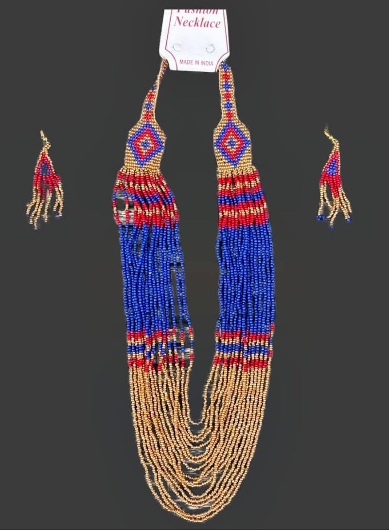 Handmade Indian Necklace & Earrings Set – Colorful Patterned Natural Beads | Cotton Tie | 30 cm | 2025 Trend