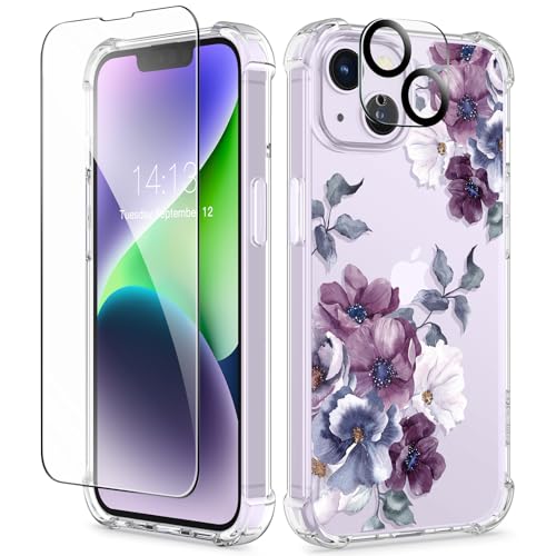 GVIEWIN for iPhone 14 Case Floral, with Screen Protector & Camera Lens Protector,[Non Yellowing]Soft Shockproof Clear Phone Protective Cover for Women, Flower Pattern Design 6.1"(Morning Glory/Purple) - Image 1