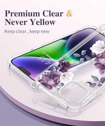 GVIEWIN for iPhone 14 Case Floral, with Screen Protector & Camera Lens Protector,[Non Yellowing]Soft Shockproof Clear Phone Protective Cover for Women, Flower Pattern Design 6.1"(Morning Glory/Purple) - Image 3