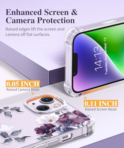 GVIEWIN for iPhone 14 Case Floral, with Screen Protector & Camera Lens Protector,[Non Yellowing]Soft Shockproof Clear Phone Protective Cover for Women, Flower Pattern Design 6.1"(Morning Glory/Purple) - Image 5