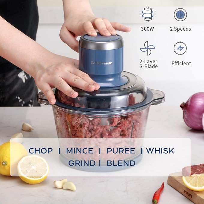 La Reveuse Electric Food Processor, 7-Cup Food Chopper Glass Bowl, Blue | for Chopping, Grinding, Mincing, Whisking, Meal Prep, 2-Layer Chop Blade, (1) Whisking Disc, (1) Spatula, 300W, LARB4016 - Image 3