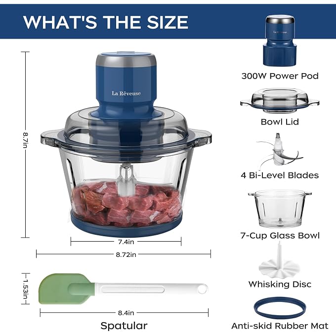 La Reveuse Electric Food Processor, 7-Cup Food Chopper Glass Bowl, Blue | for Chopping, Grinding, Mincing, Whisking, Meal Prep, 2-Layer Chop Blade, (1) Whisking Disc, (1) Spatula, 300W, LARB4016 - Image 2