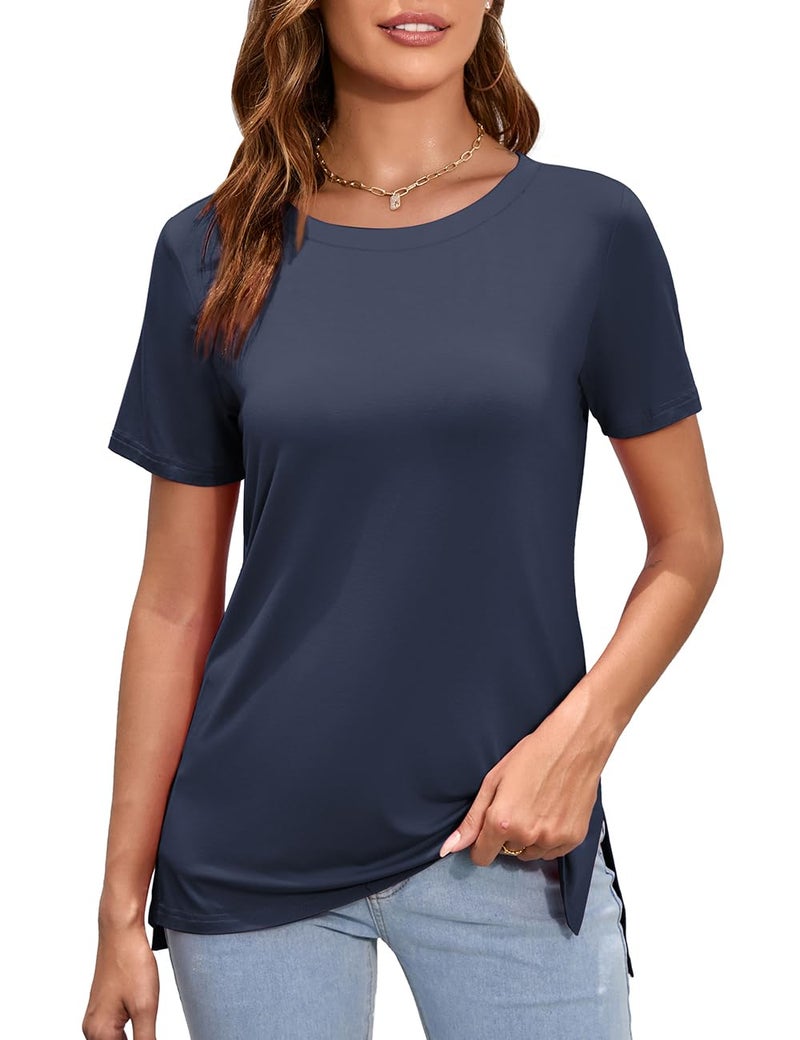 Herou Lightweight Summer Split Side Tops for Women Crewneck Short Sleeve High Low Hem T-Shirts Tees (Navy, Large) - Image 2