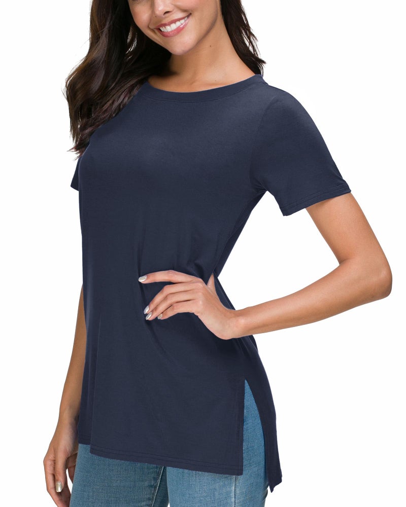 Herou Lightweight Summer Split Side Tops for Women Crewneck Short Sleeve High Low Hem T-Shirts Tees (Navy, Large) - Image 1