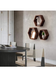 MetalTouch MetalTouch Hexagon Floating Wall Mounted Set of 3 Honeycomb Wood Storage Hanging Farmhouse Shelves Brown 