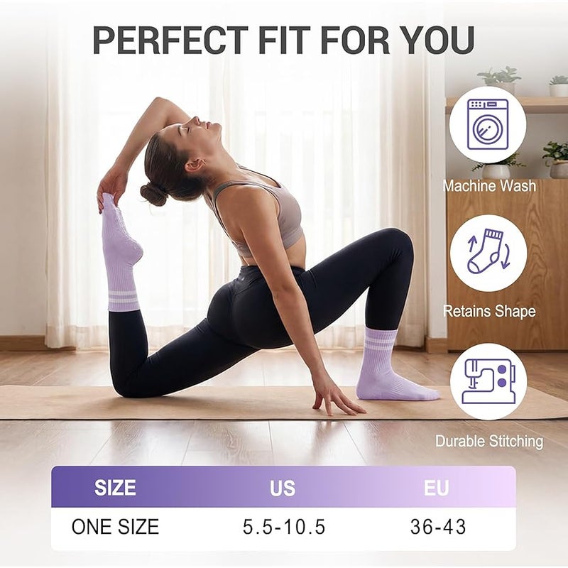 4 Pairs Pilates Socks with Grips for Women Non Slip Cotton Crew Socks for Yoga, Athletic, and Barre - Image 4
