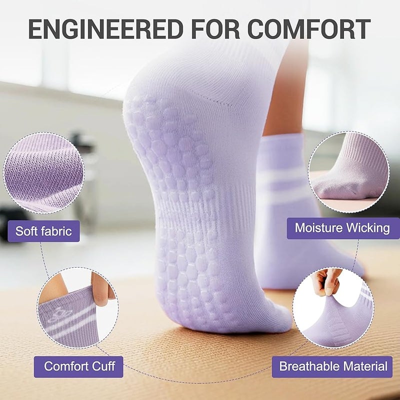 4 Pairs Pilates Socks with Grips for Women Non Slip Cotton Crew Socks for Yoga, Athletic, and Barre - Image 3